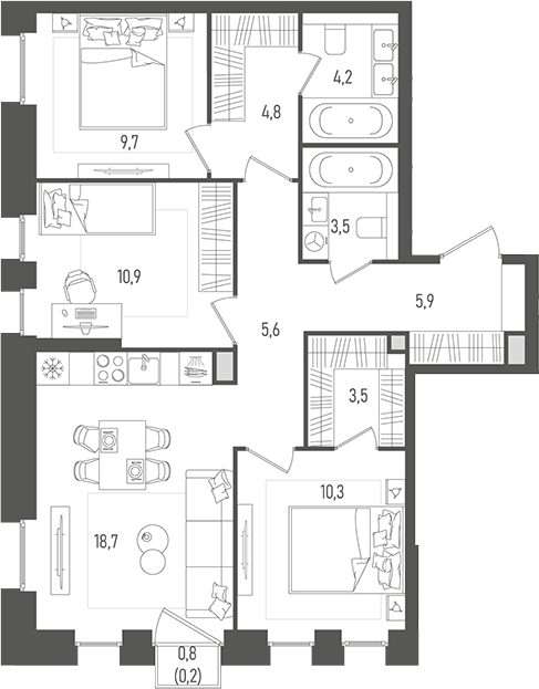 Планировка — Pave, 4-комн., 77 м²