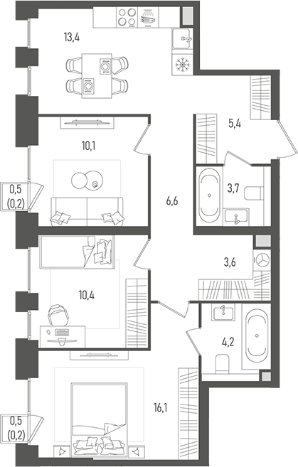 Планировка — Pave, 3-комн., 74 м²