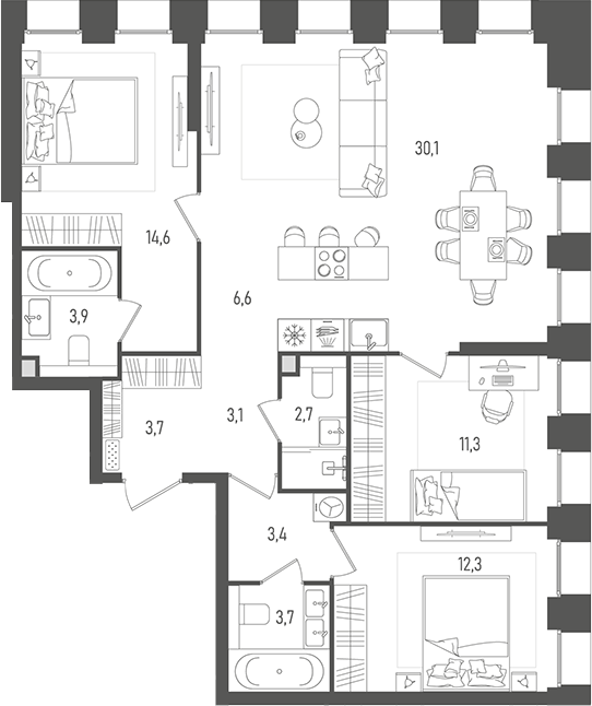 Планировка — Pave, 4-комн., 95 м²