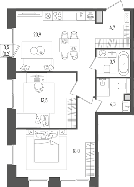 Планировка — Pave, 3-комн., 65 м²