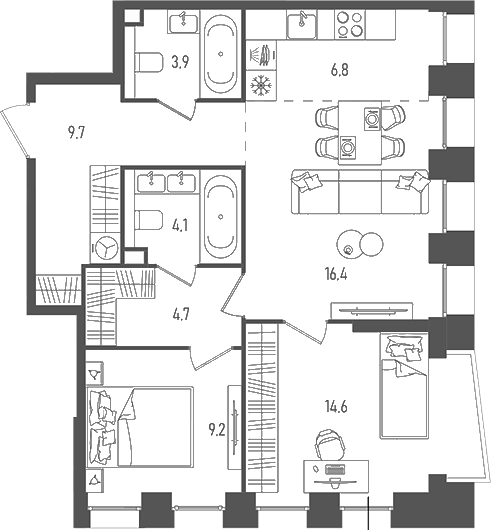 Планировка — Pave, 3-комн., 69 м²