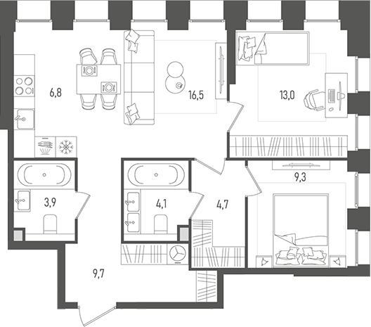 Планировка — Pave, 3-комн., 68 м²