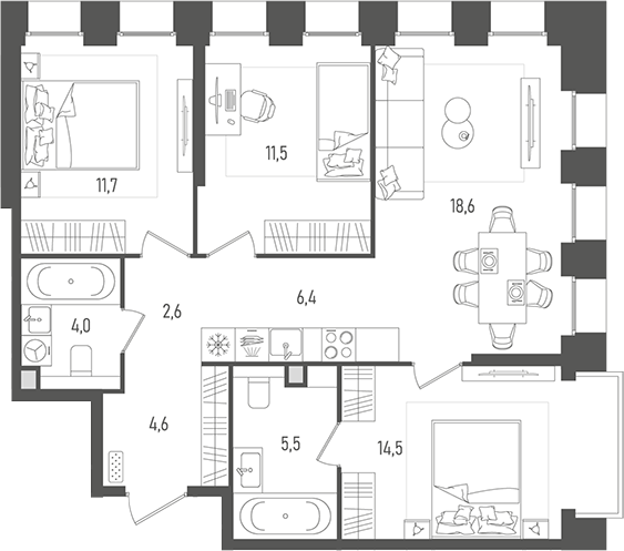 Планировка — Pave, 4-комн., 79 м²
