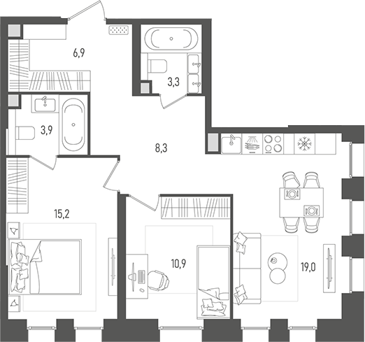 Планировка — Pave, 3-комн., 68 м²