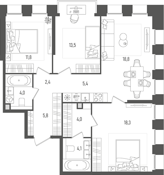 Планировка — Pave, 4-комн., 88 м²