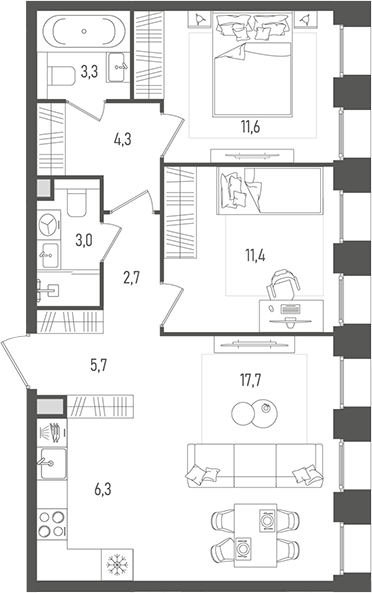Планировка — Pave, 3-комн., 66 м²