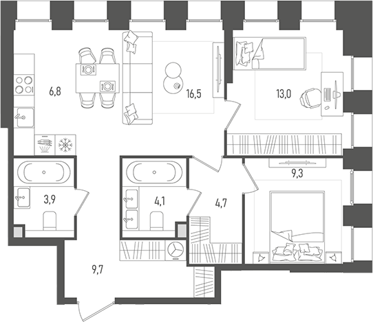 Планировка — Pave, 3-комн., 68 м²