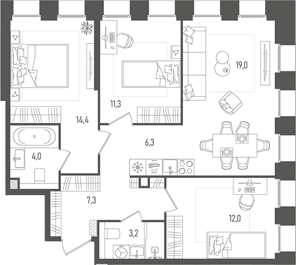 Планировка — Pave, 4-комн., 78 м²