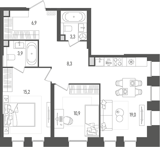 Планировка — Pave, 3-комн., 68 м²