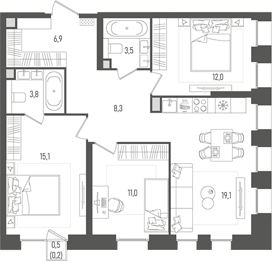 Планировка — Pave, 4-комн., 80 м²