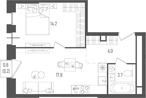 Планировка — Pave, 2-комн., 42 м²