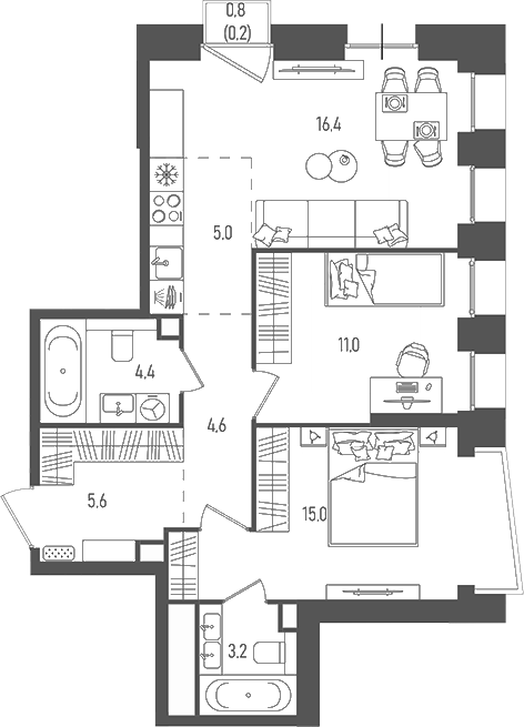 Планировка — Pave, 3-комн., 65 м²