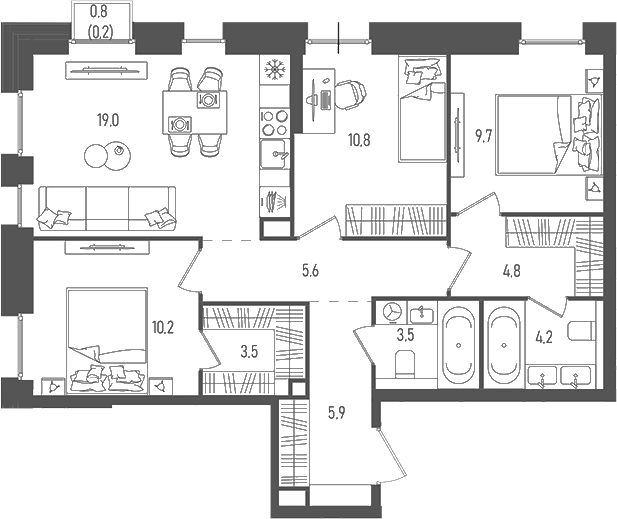 Планировка — Pave, 4-комн., 77 м²