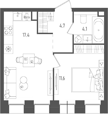 Планировка — Pave, 2-комн., 38 м²