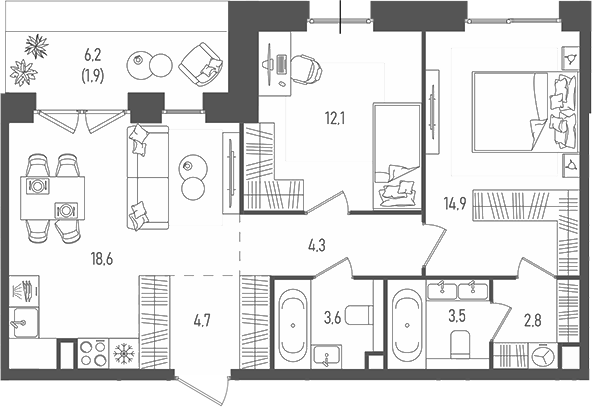 Планировка — Pave, 3-комн., 65 м²