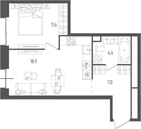 Планировка — Pave, 2-комн., 42 м²
