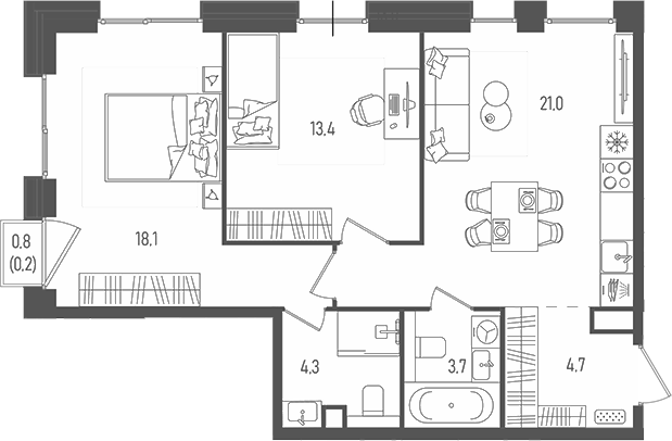Планировка — Pave, 3-комн., 65 м²