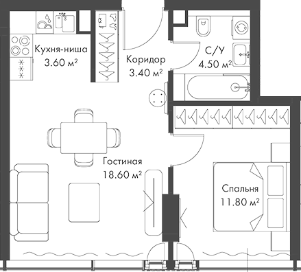Планировка — Слава, 2-комн., 42 м²