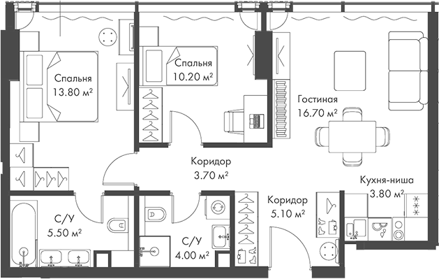 Планировка — Слава, 3-комн., 63 м²