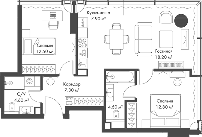 Планировка — Слава, 3-комн., 68 м²