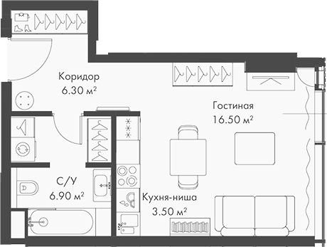 Планировка — Слава, Студия, 33 м²