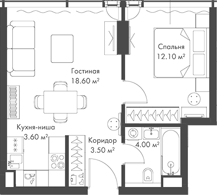 Планировка — Слава, 2-комн., 42 м²