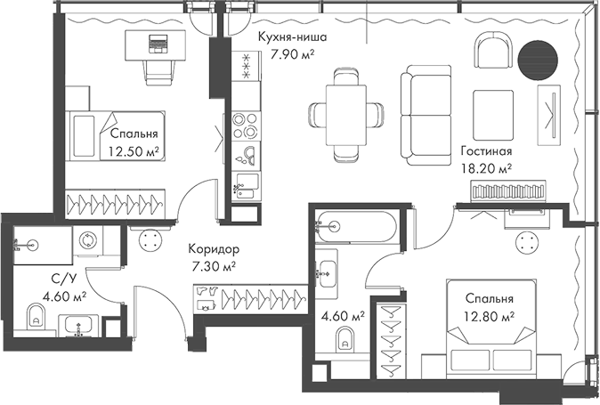 Планировка — Слава, 3-комн., 68 м²