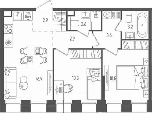 Планировка — Pave, 3-комн., 53 м²