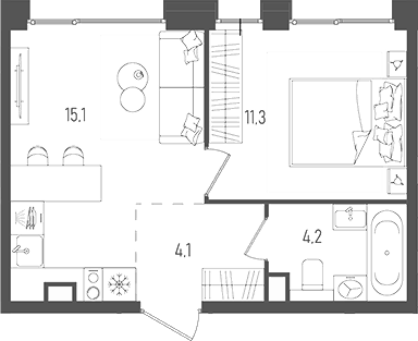 Планировка — Pave, 2-комн., 35 м²
