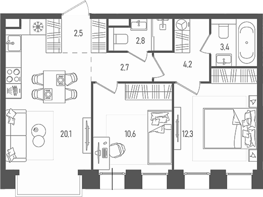 Планировка — Pave, 3-комн., 59 м²