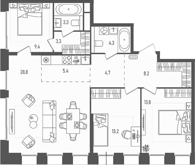 Планировка — Pave, 4-комн., 94 м²
