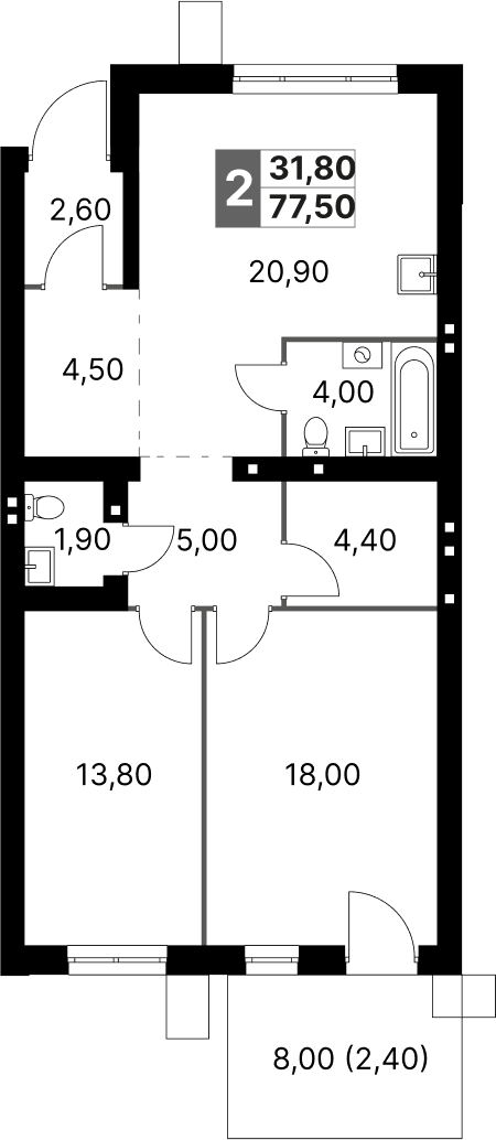 Планировка — Апрелевка Клаб, 2-комн., 75 м²