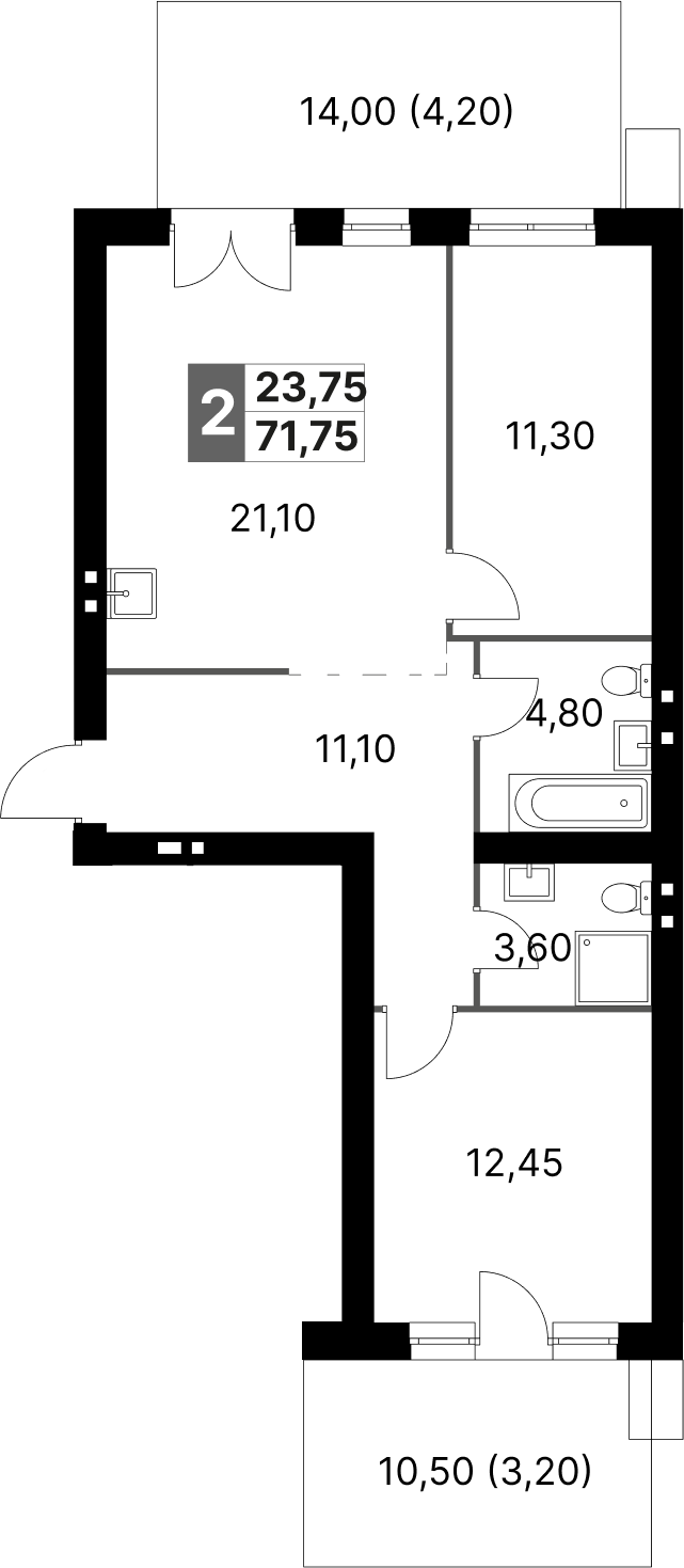 Планировка — Апрелевка Клаб, 3-комн., 64 м²