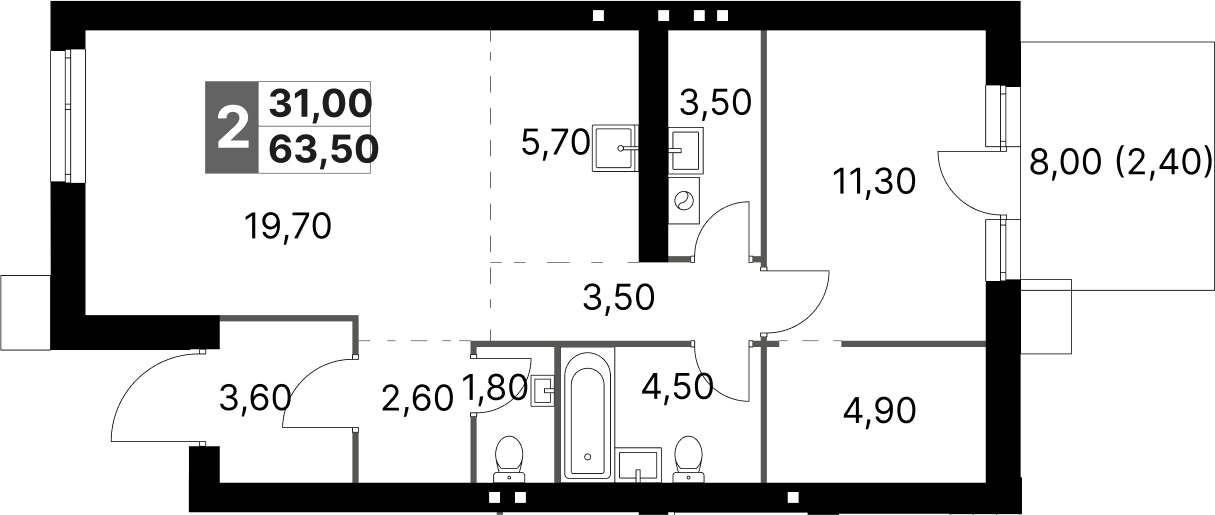 Планировка — Апрелевка Клаб, 2-комн., 61 м²