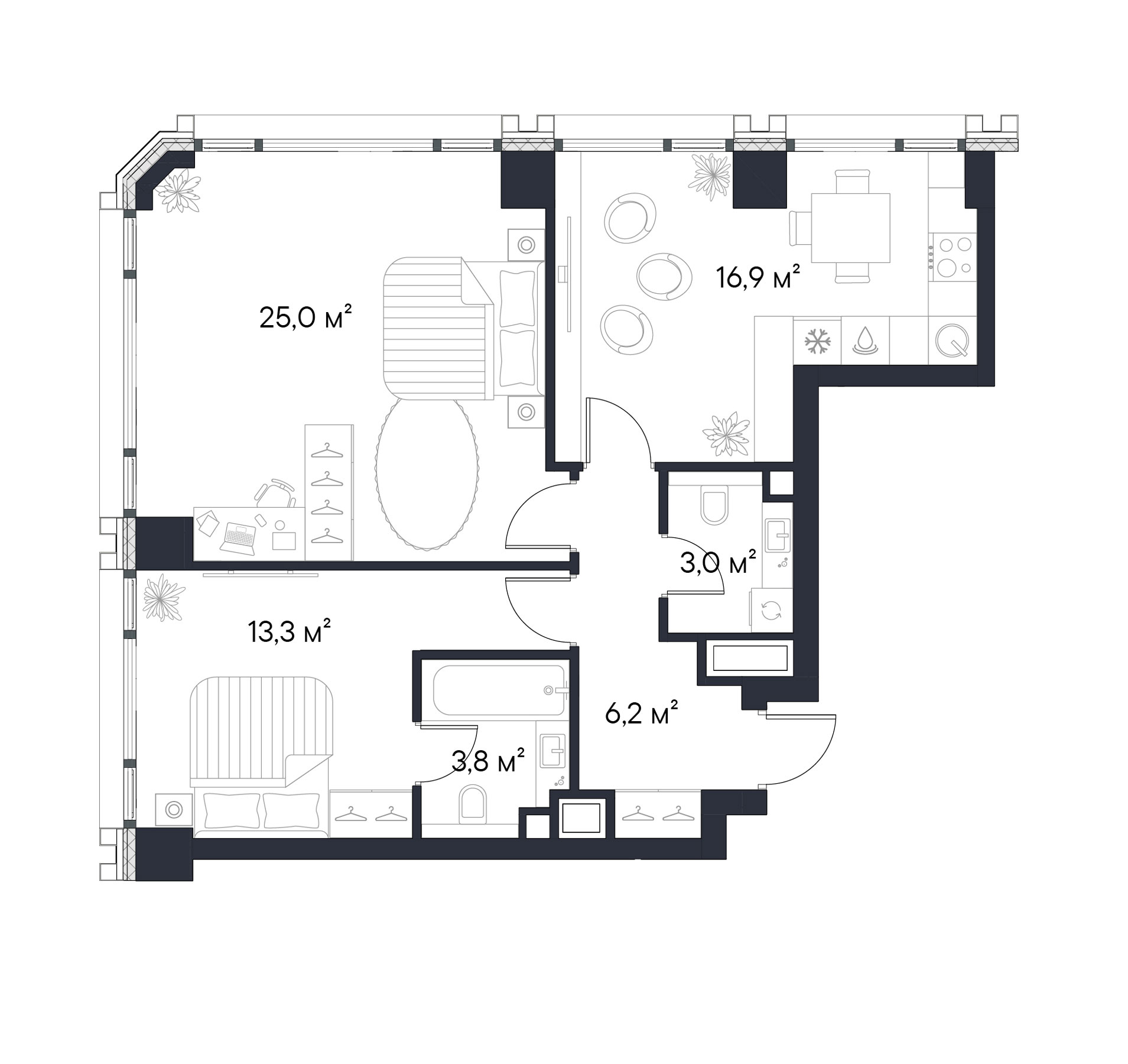 Планировка — Первый Нагатинский, 2-комн., 68 м²