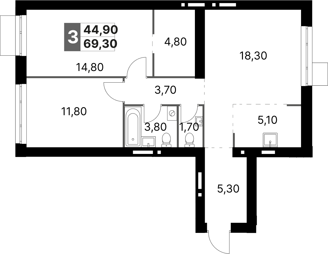 Планировка — Апрелевка Клаб, 3-комн., 69 м²
