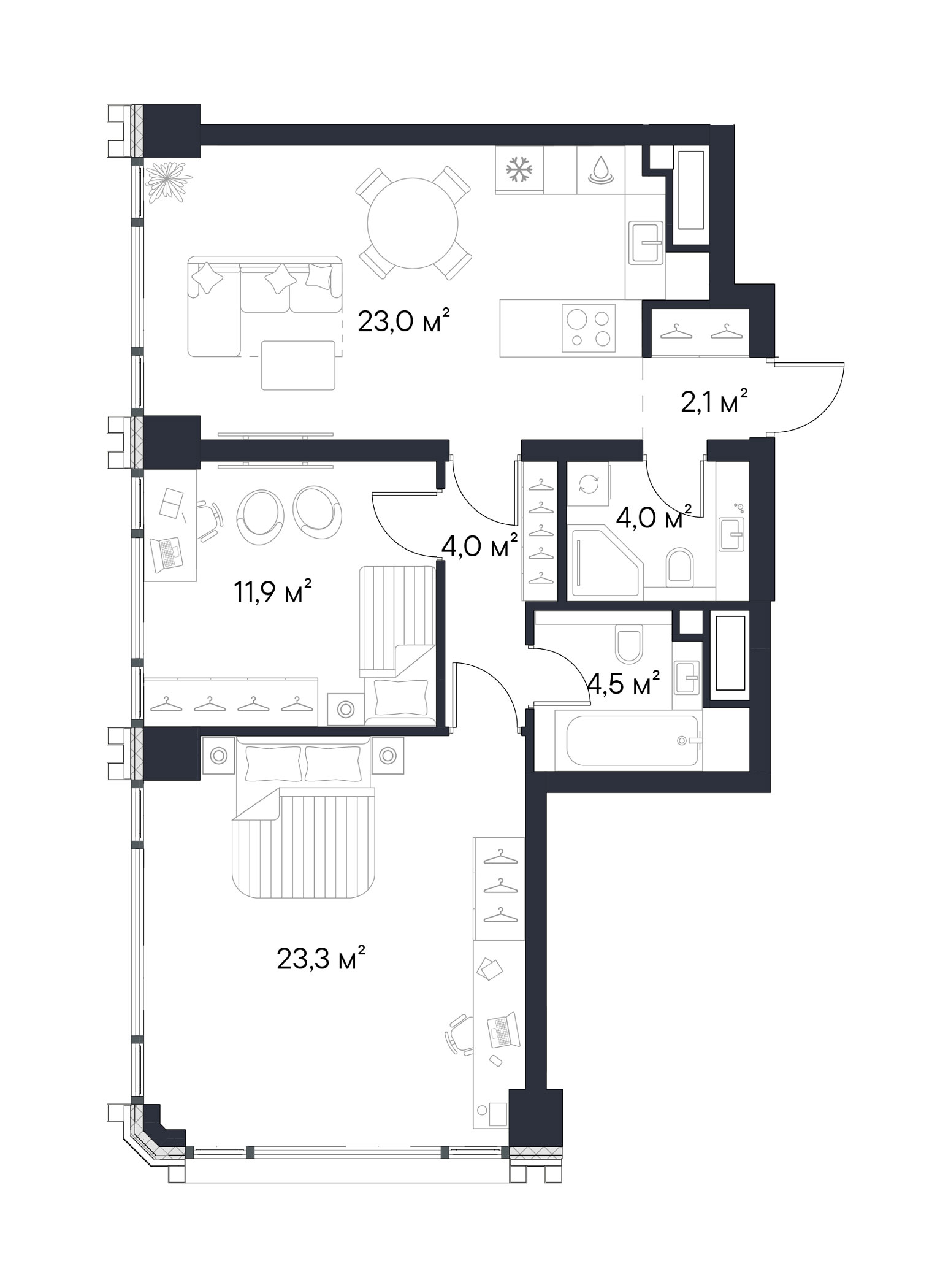 Планировка — Первый Нагатинский, 2-комн., 73 м²