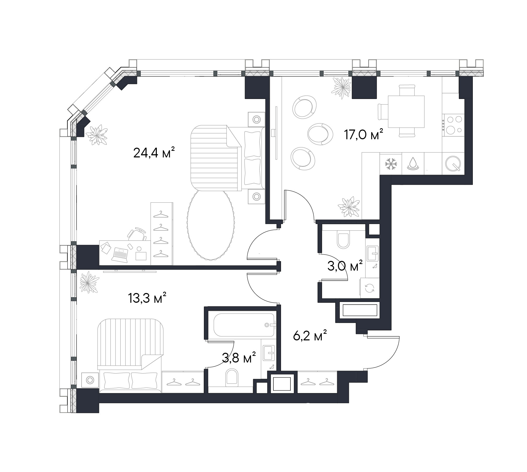 Планировка — Первый Нагатинский, 2-комн., 68 м²