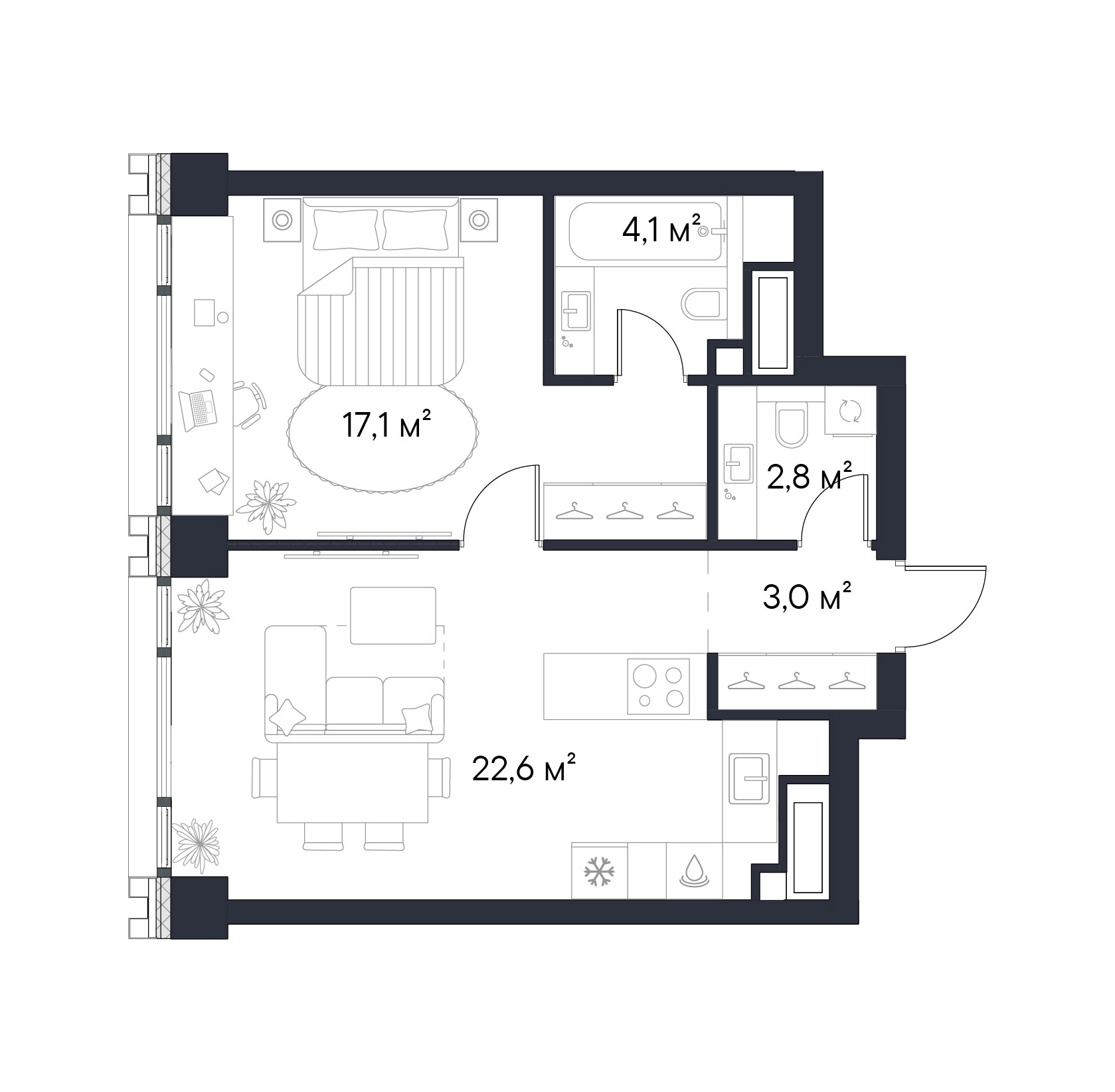 Планировка — Первый Нагатинский, 1-комн., 50 м²