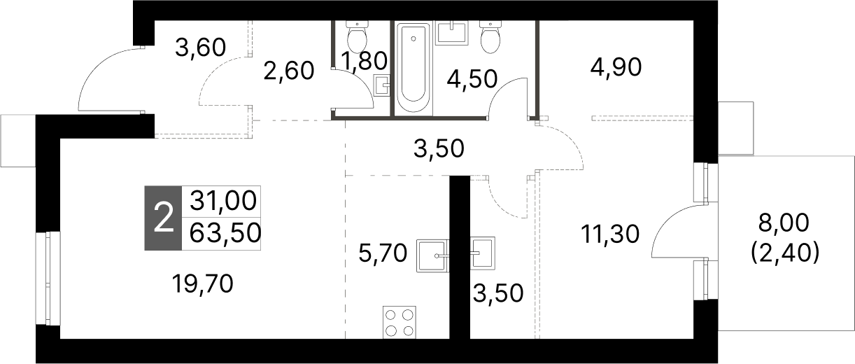 Планировка — Апрелевка Клаб, 2-комн., 61 м²