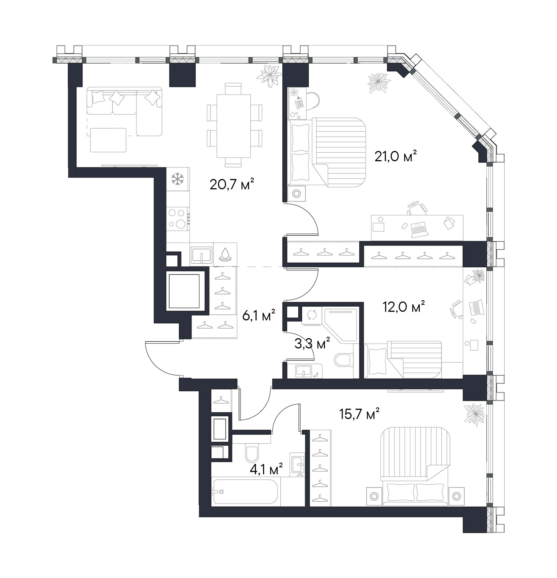 Планировка — Первый Нагатинский, 3-комн., 83 м²