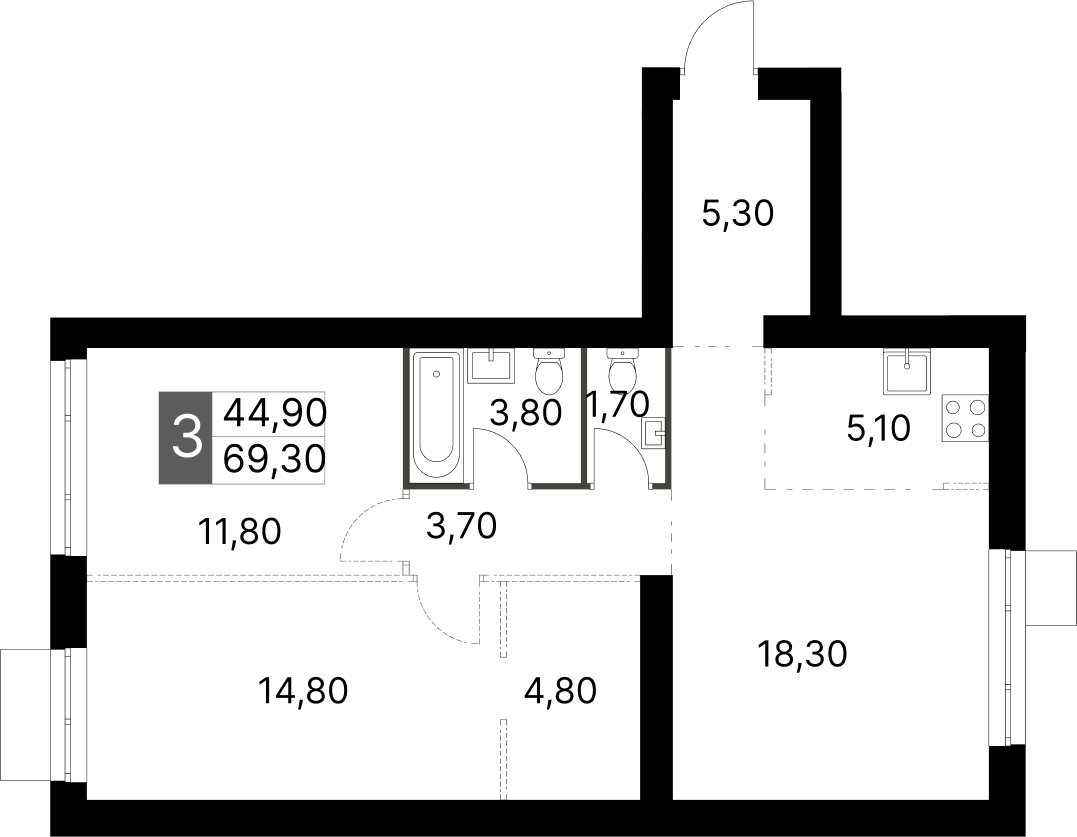 Планировка — Апрелевка Клаб, 3-комн., 69 м²