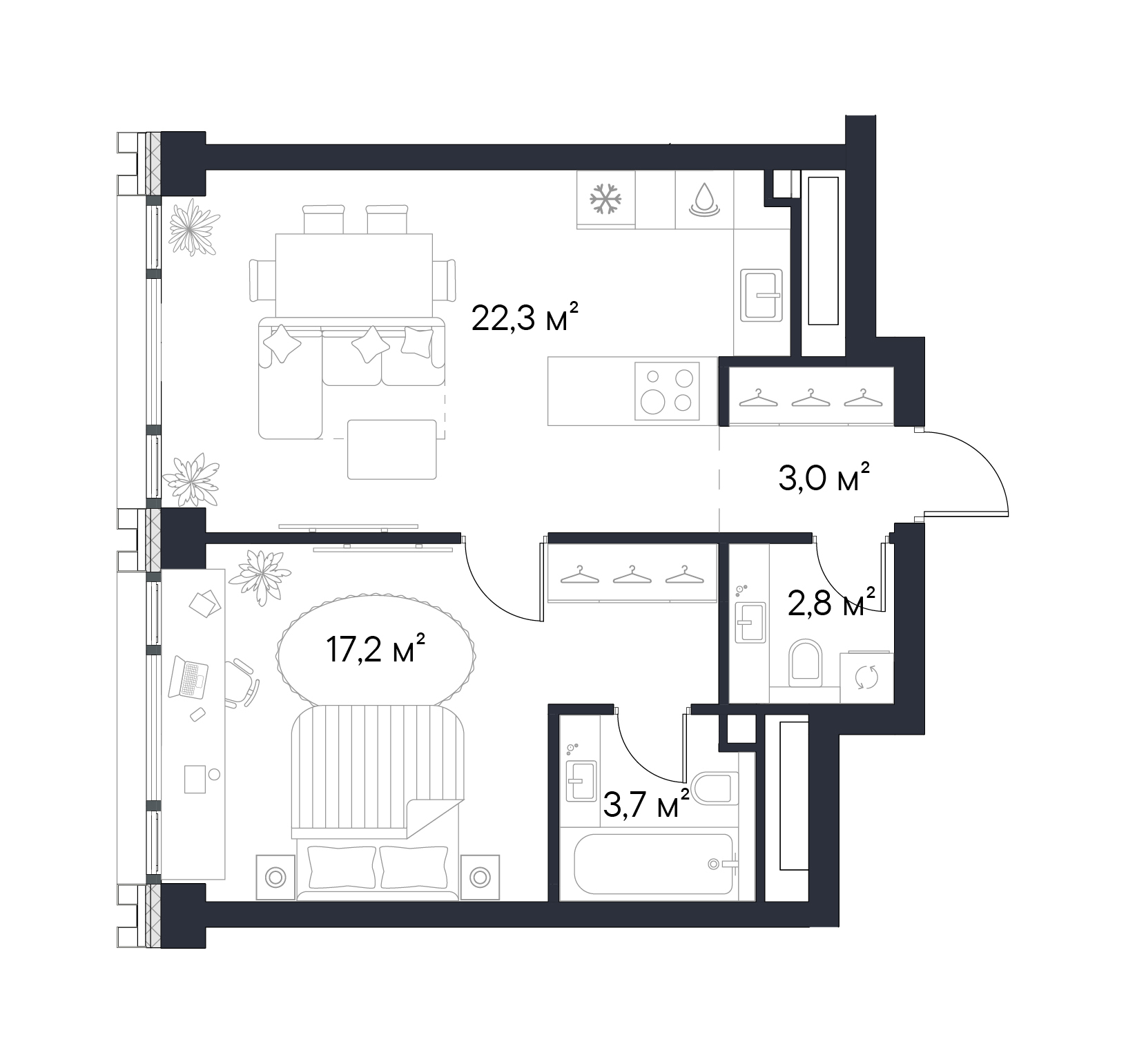 Планировка — Первый Нагатинский, 1-комн., 49 м²