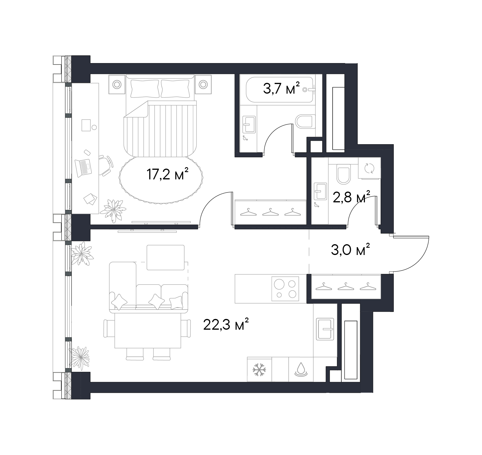 Планировка — Первый Нагатинский, 1-комн., 49 м²