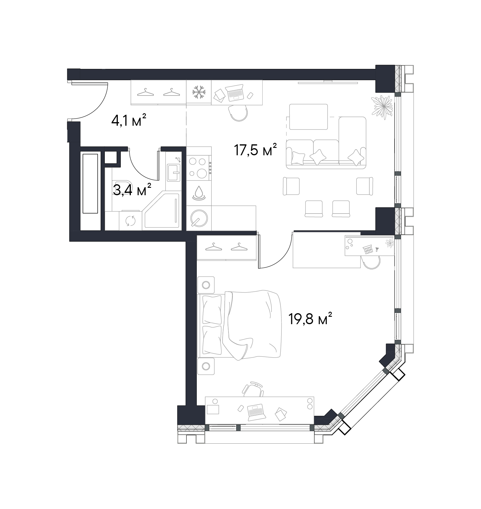 Планировка — Первый Нагатинский, 1-комн., 45 м²