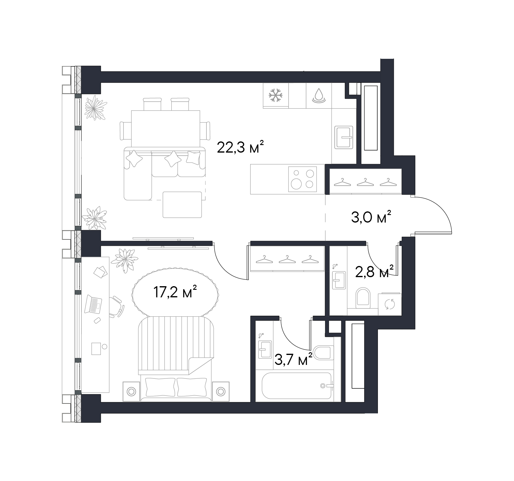 Планировка — Первый Нагатинский, 1-комн., 49 м²