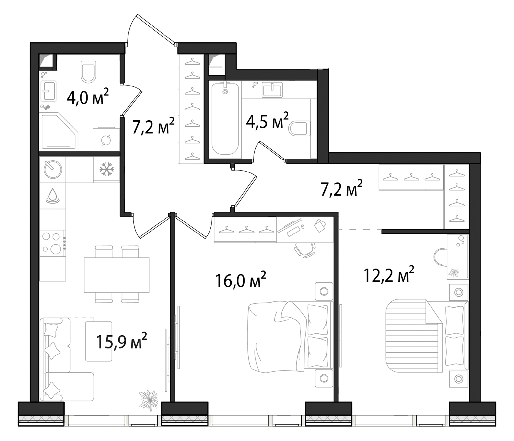 Планировка — Первый Нагатинский, 2-комн., 67 м²