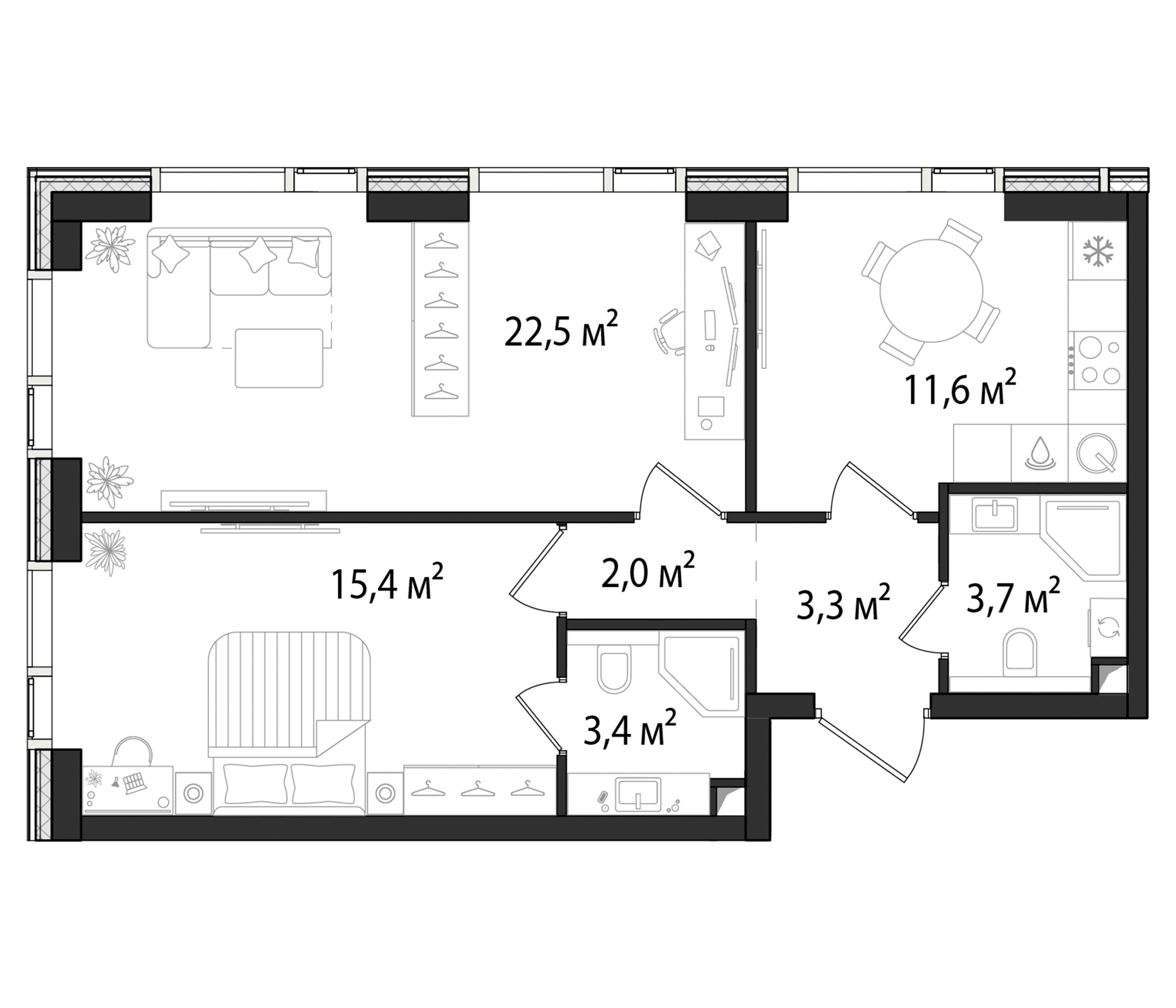 Планировка — Первый Нагатинский, 2-комн., 62 м²