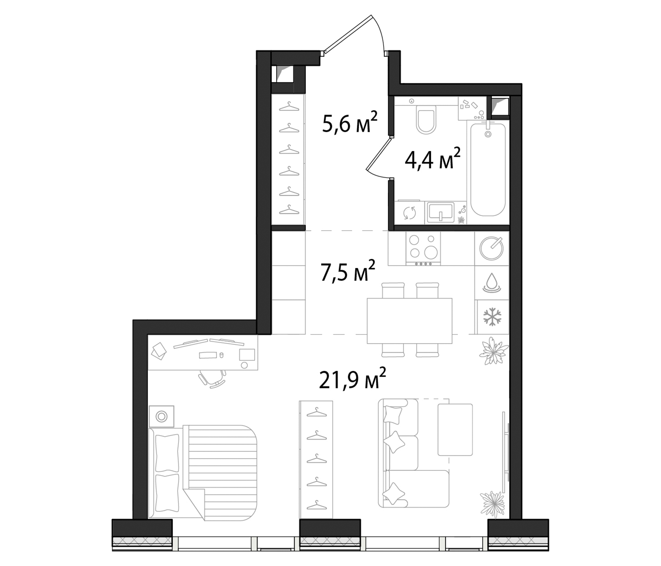 Планировка — Первый Нагатинский, Студия, 39 м²