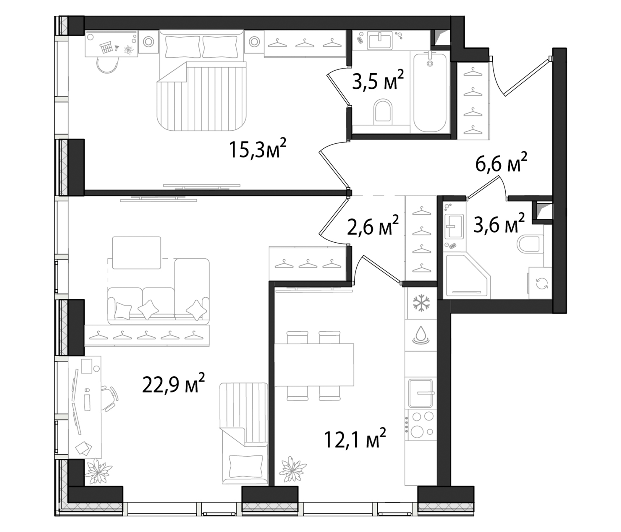 Планировка — Первый Нагатинский, 2-комн., 67 м²